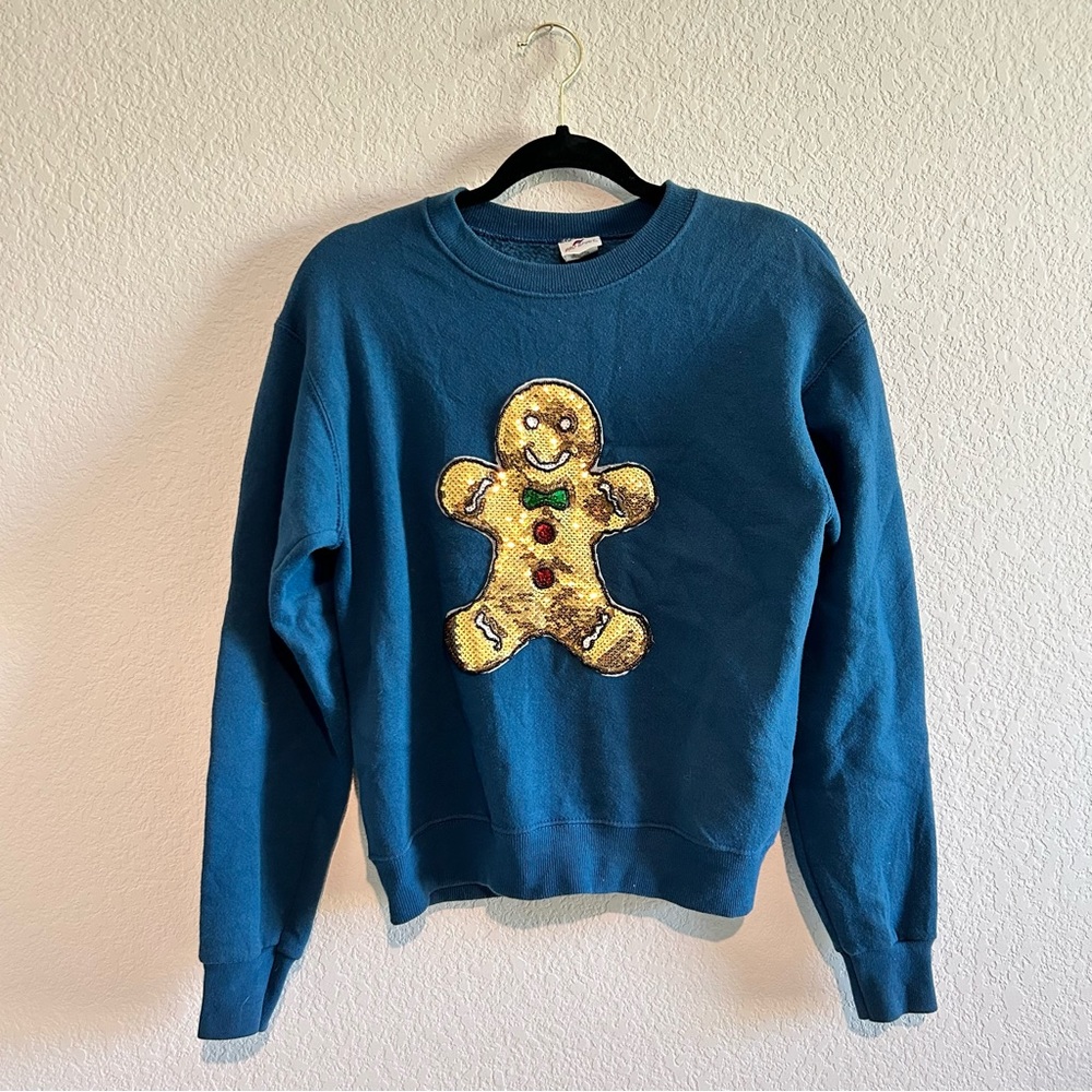 Vintage Gingerbread Sweatshirt Small USA Sequin Pro Spirit Brown & Blue